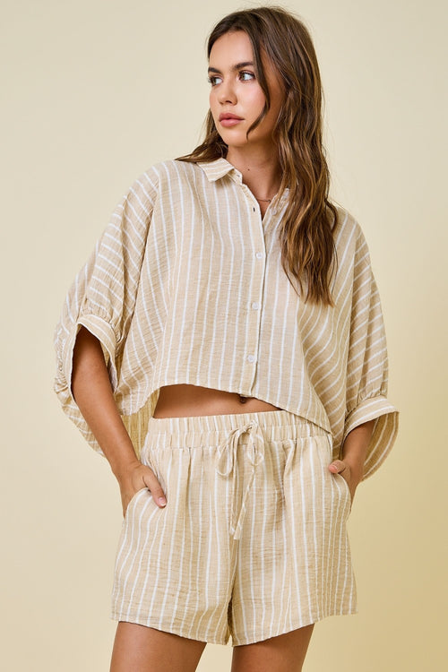 Back to Canvas Linen-Look Striped Dolman Sleeve Shirt and Shorts Set