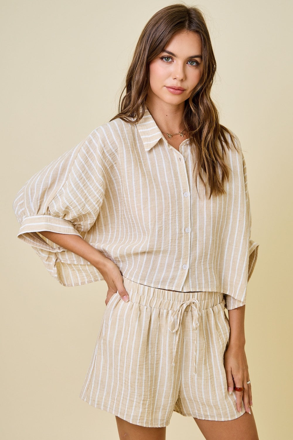 Linen-Look Striped Dolman Sleeve Shirt and Shorts Set