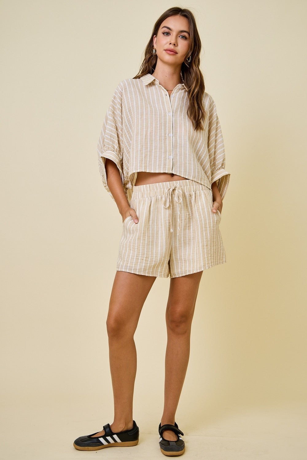 Linen-Look Striped Dolman Sleeve Shirt and Shorts Set