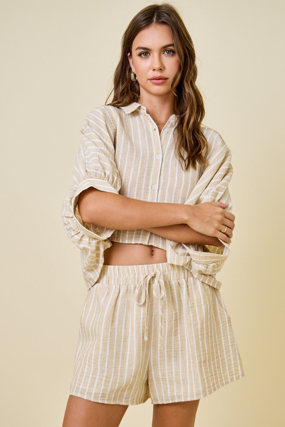 Linen-Look Striped Dolman Sleeve Shirt and Shorts Set