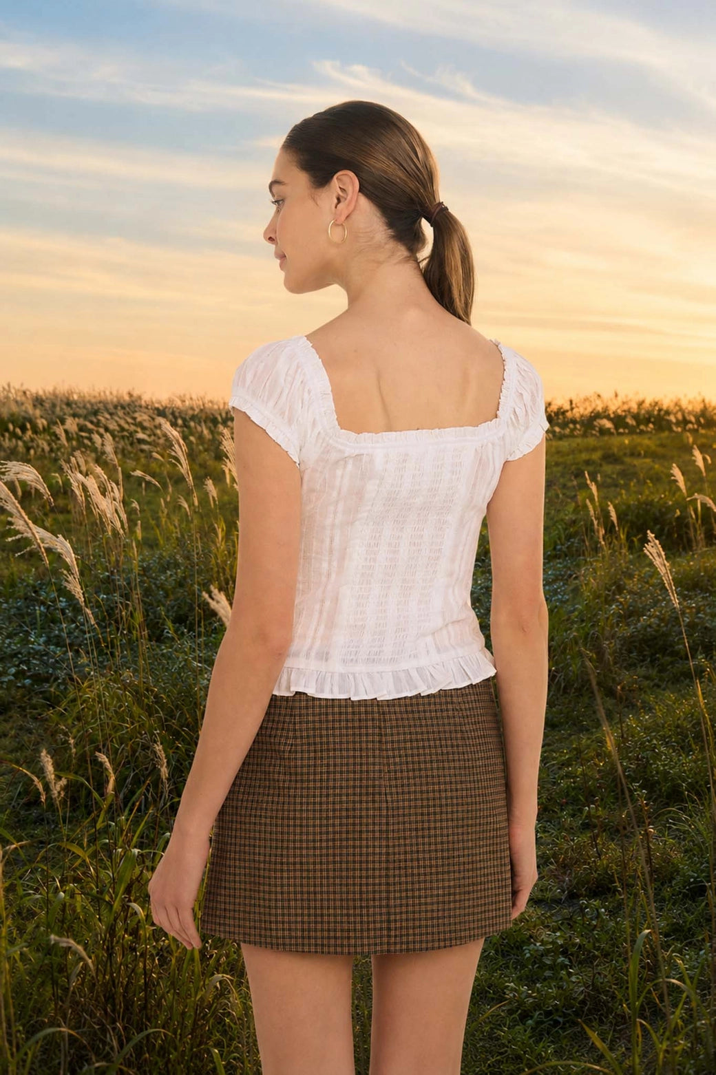 Cottagecore Smocked-Back Ruffle Milkmaid Top in White