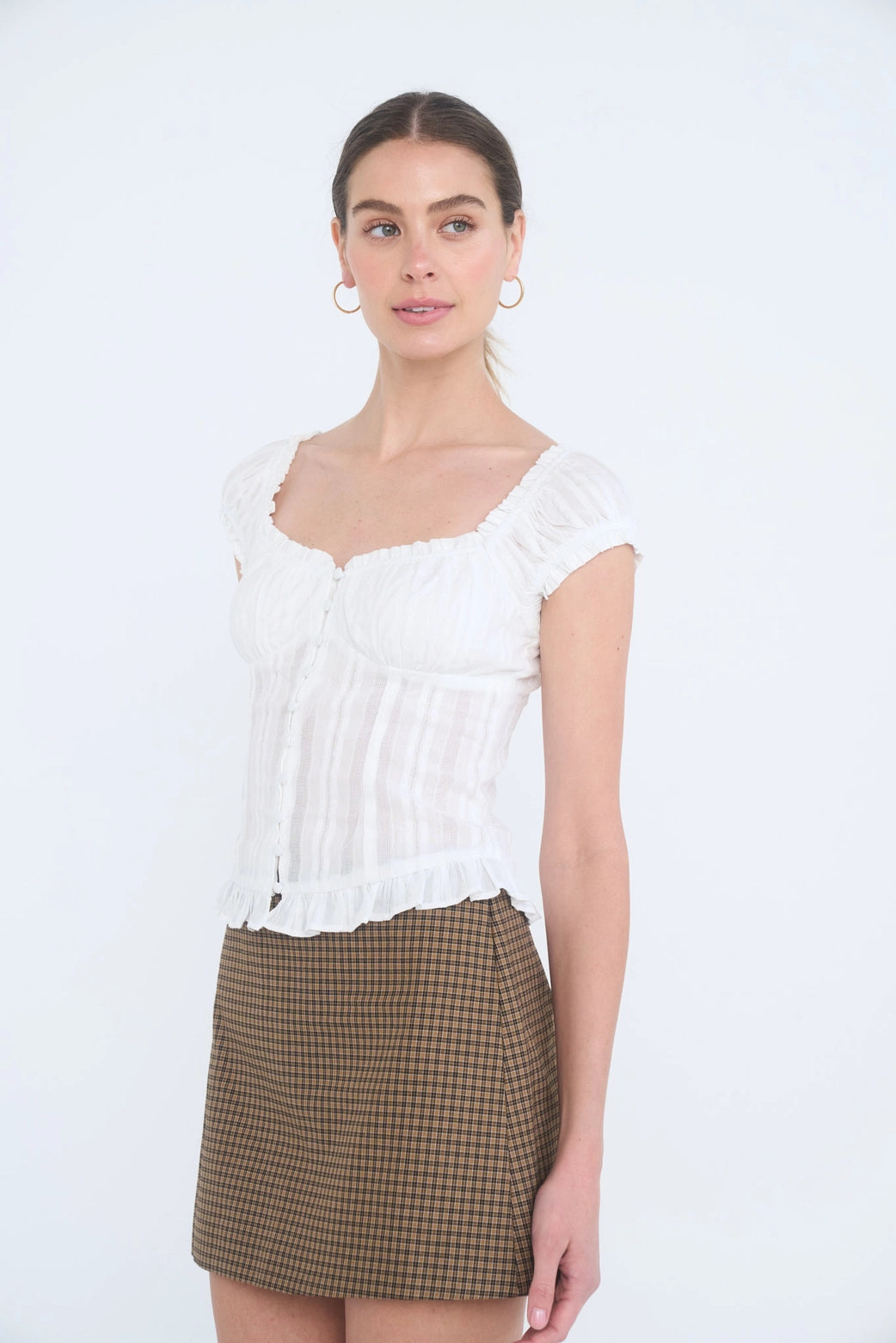 Cottagecore Smocked-Back Ruffle Milkmaid Top in White